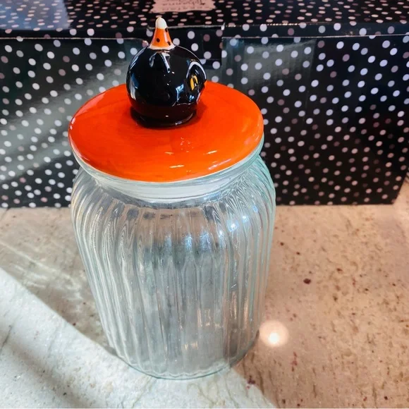 Johanna Parker Black Cat Large Glass Candy Jar Head Lid Vintage Style Transpac - Picture 3 of 10